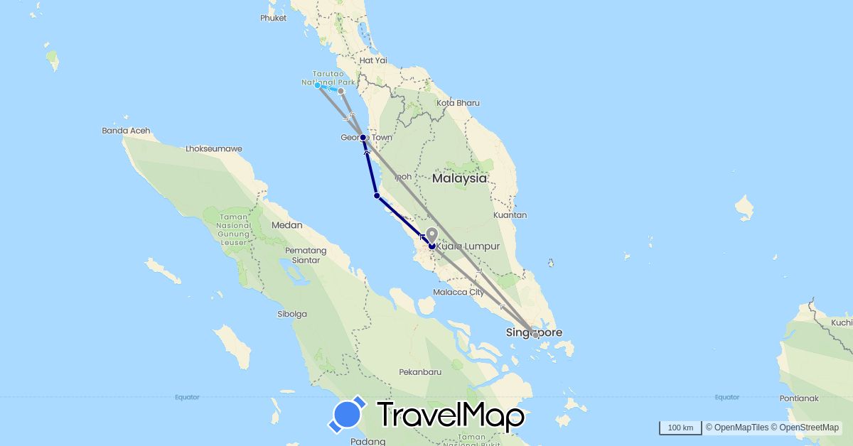 TravelMap itinerary: driving, plane, boat in Malaysia, Singapore, Thailand (Asia)